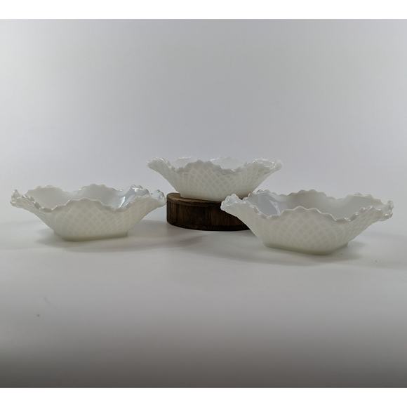 Hazel Atlas Candy Bowls Vtg Milk Glass Diamond Quilt Cut Home Decor MCM Ruffle - Picture 2 of 13